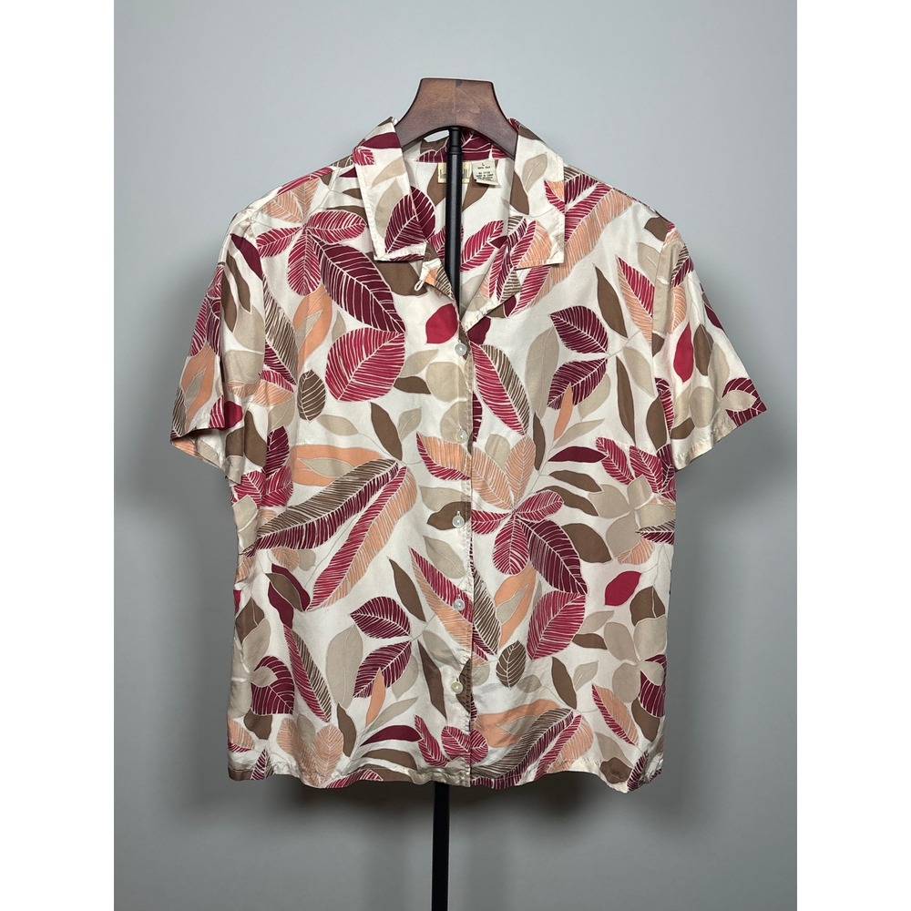 Linden Hill 100% Silk Shirt Women L Tan Red Tropical Leaf Print Vintage Camp Top